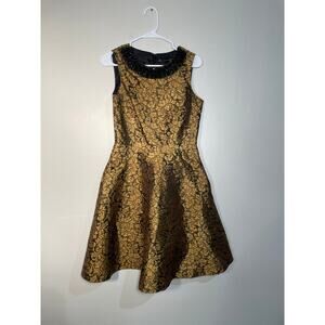 Chetta B Gold Floral Brocade Fit and Flare Beaded High Neck Dress